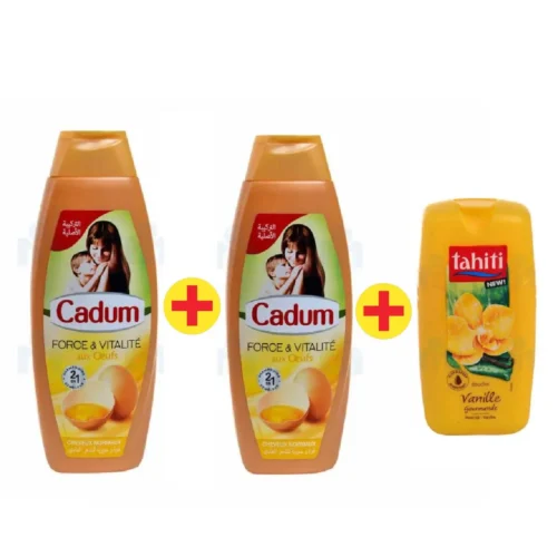 2 Shampoings aux œufs x 380ml = 1 gel douche Tahiti offert - CADUM