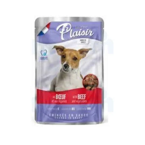 Pochon pour chien adulte aux émincés de boeuf et légumes en sauce 100g - PLAISIR