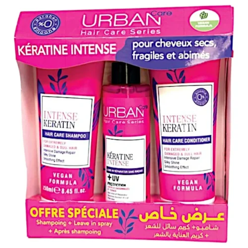 Pack kératine shampoing 250ml+après-shampoing 250ml+soin spray200ml -URBAN CARE