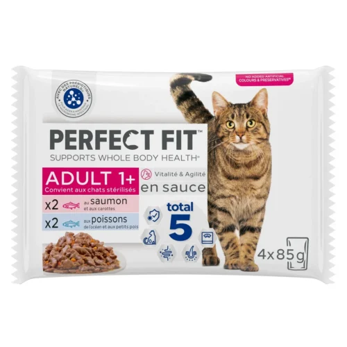Pâtée pour chat stérilisé au saumon et aux poissons en sauce 4x85g - PERFECT FIT