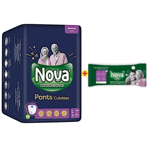 Couches adultes large 9 unités + Paquets 50 lingettes offert - NOVA