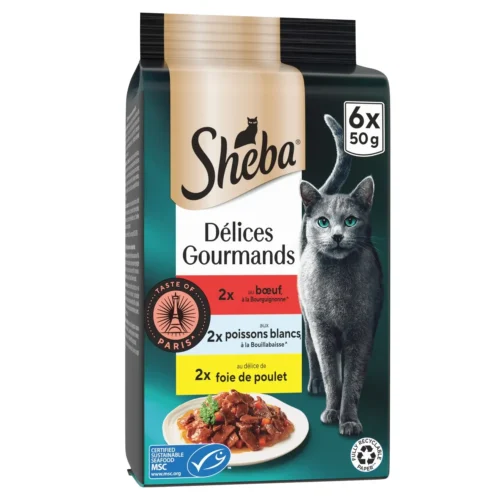 Pâtée délices gourmands au bœuf et au poissons blancs pour chat 6x50g - SHEBA
